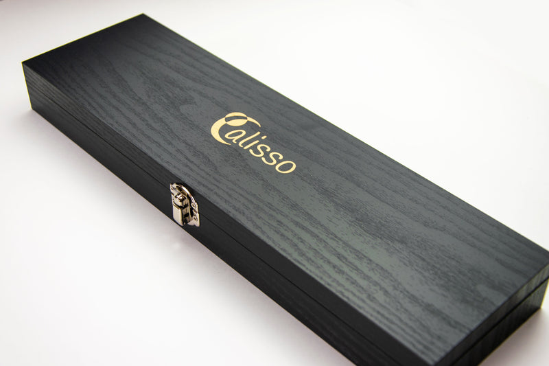 Calisso Holzbox mit goldenem Logo für Aristocratic Küchenmesser